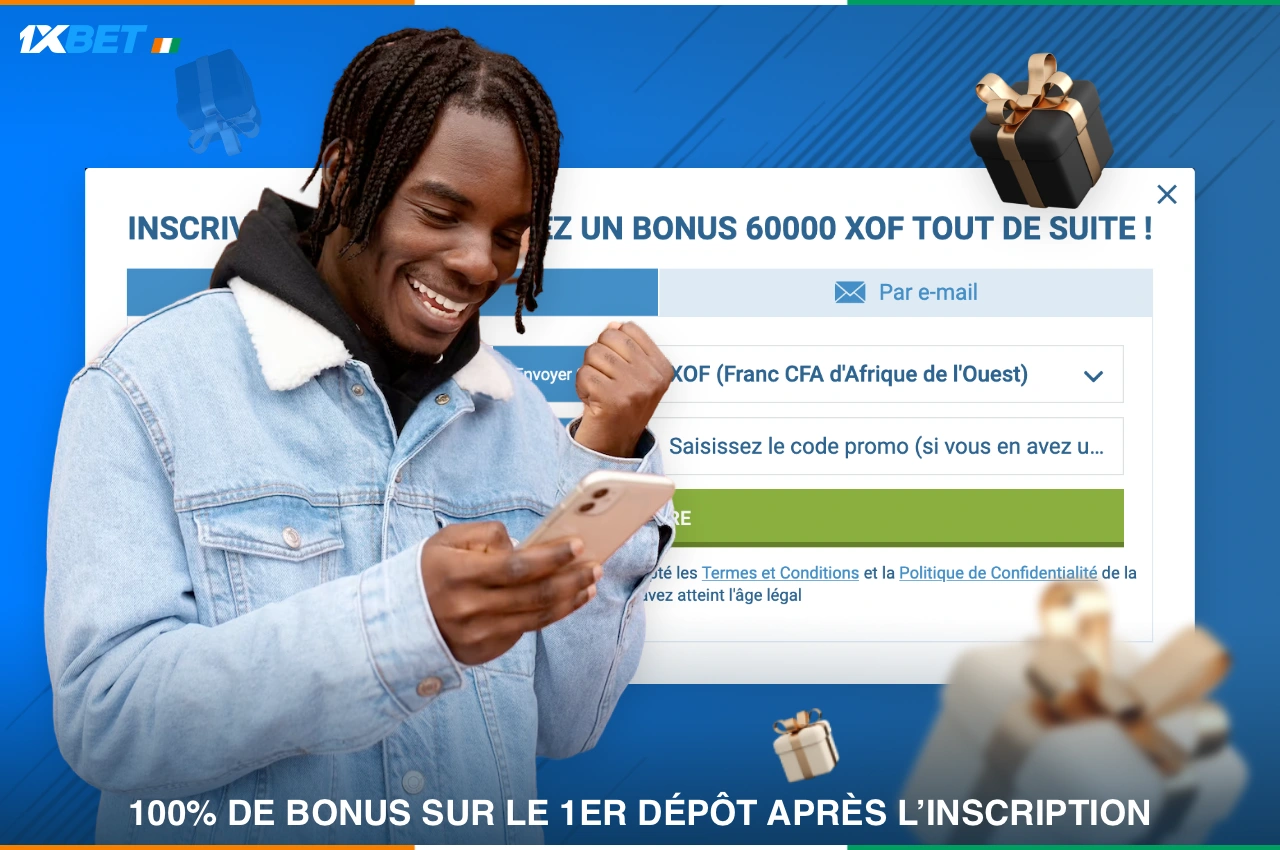 Le bonus de bienvenue de 1xBet est disponible pour tous les nouveaux utilisateurs de Côte d'Ivoire après leur inscription
