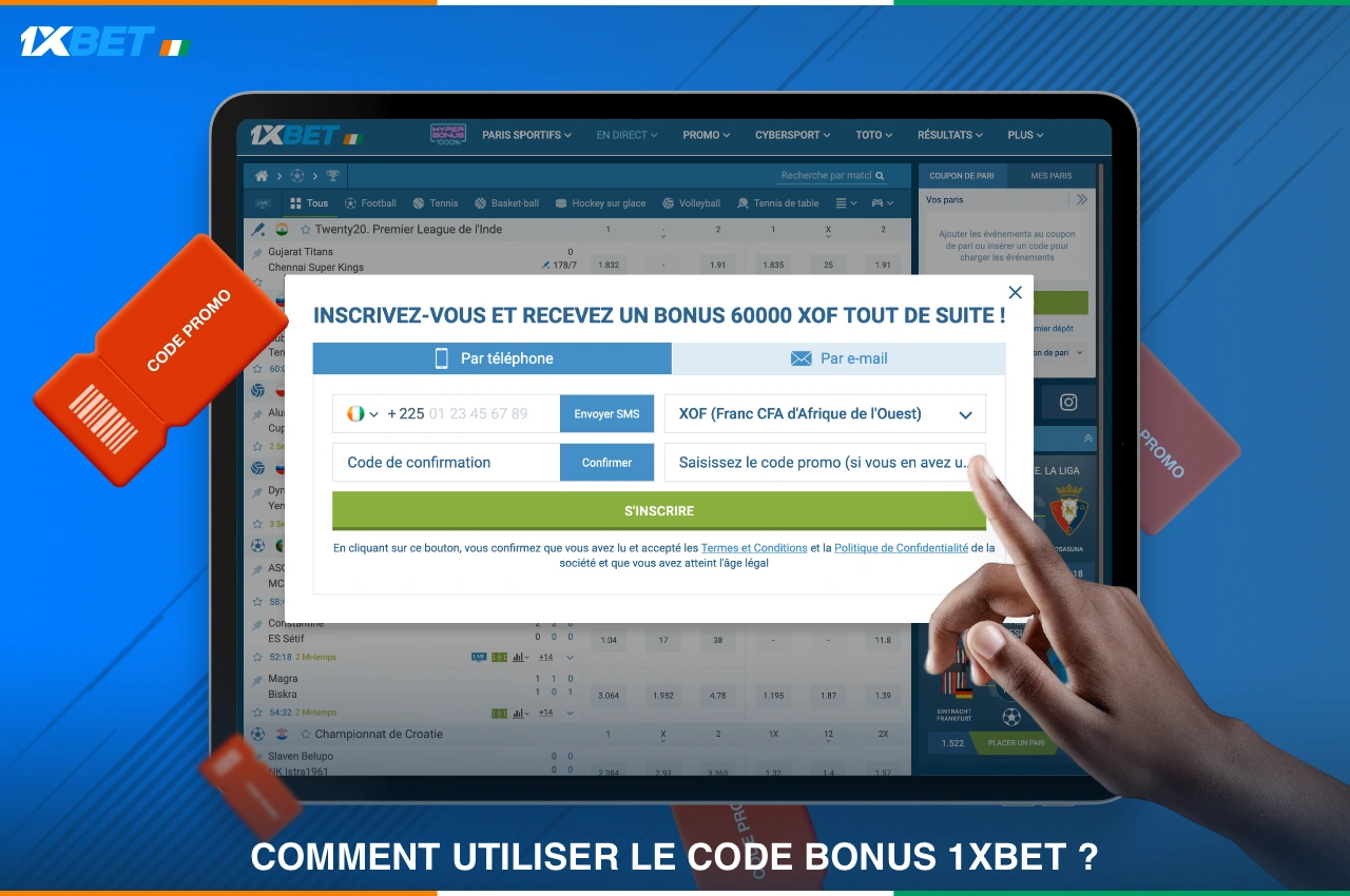 Le code promo 1xBet peut être utilisé par les utilisateurs de Côte d'Ivoire lors de l'enregistrement de leur compte