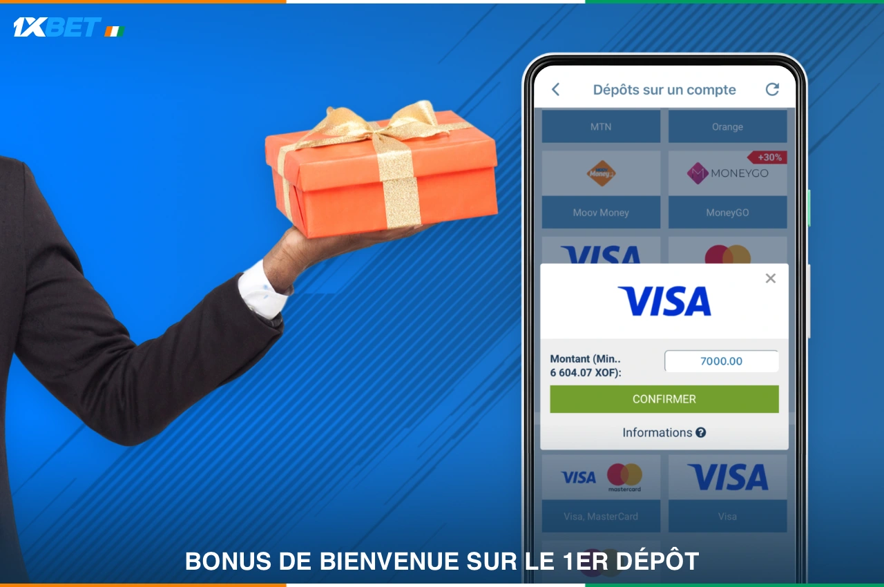 1xBet Côte d'Ivoire bonus de bienvenue disponible pour tous les nouveaux utilisateurs qui effectuent un premier dépôt