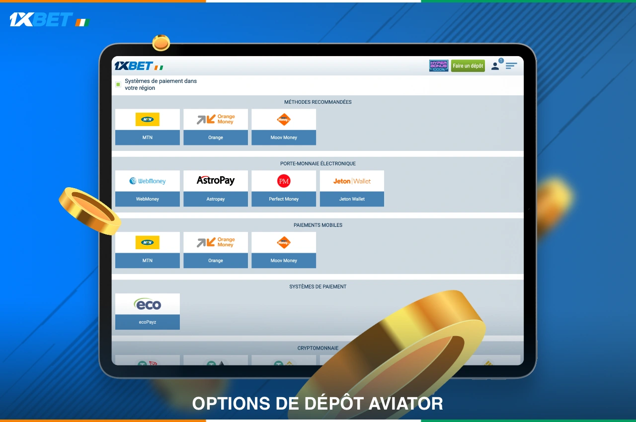Pour jouer à Aviator avec de l'argent, 1xBet propose différentes options de recharge, y compris en crypto-monnaie