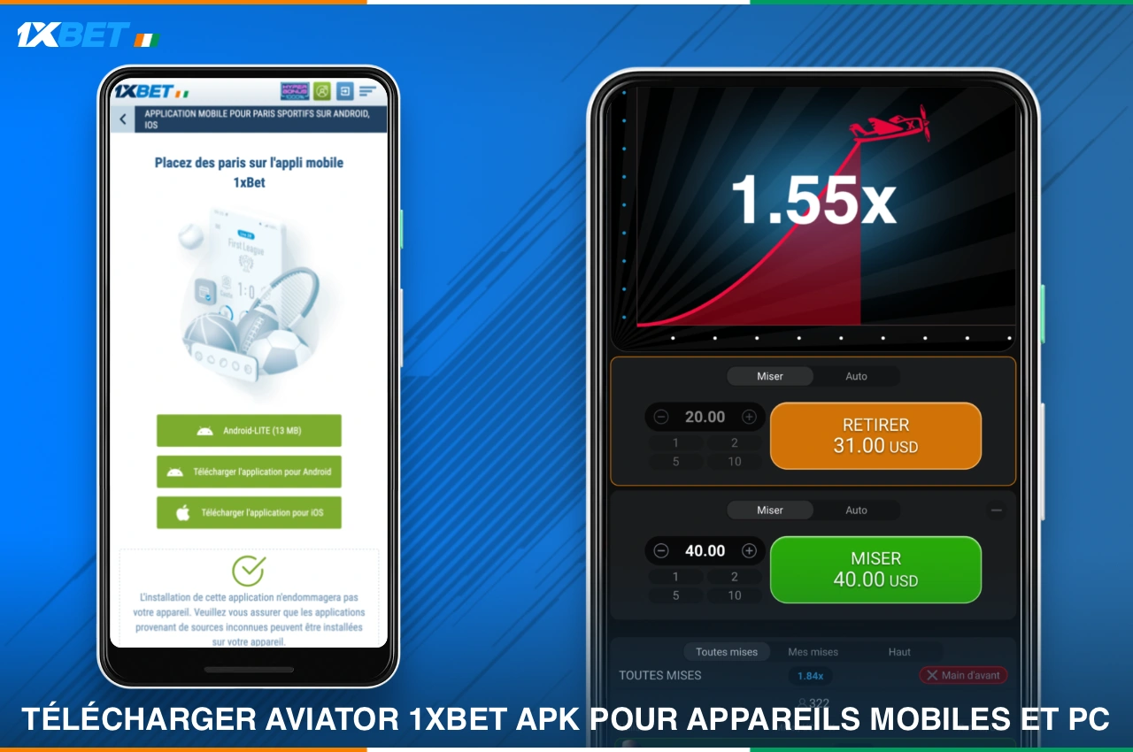 Vous pouvez télécharger 1xBet Aviator sur votre appareil mobile ou votre PC en téléchargeant l'application gratuite 1xBet