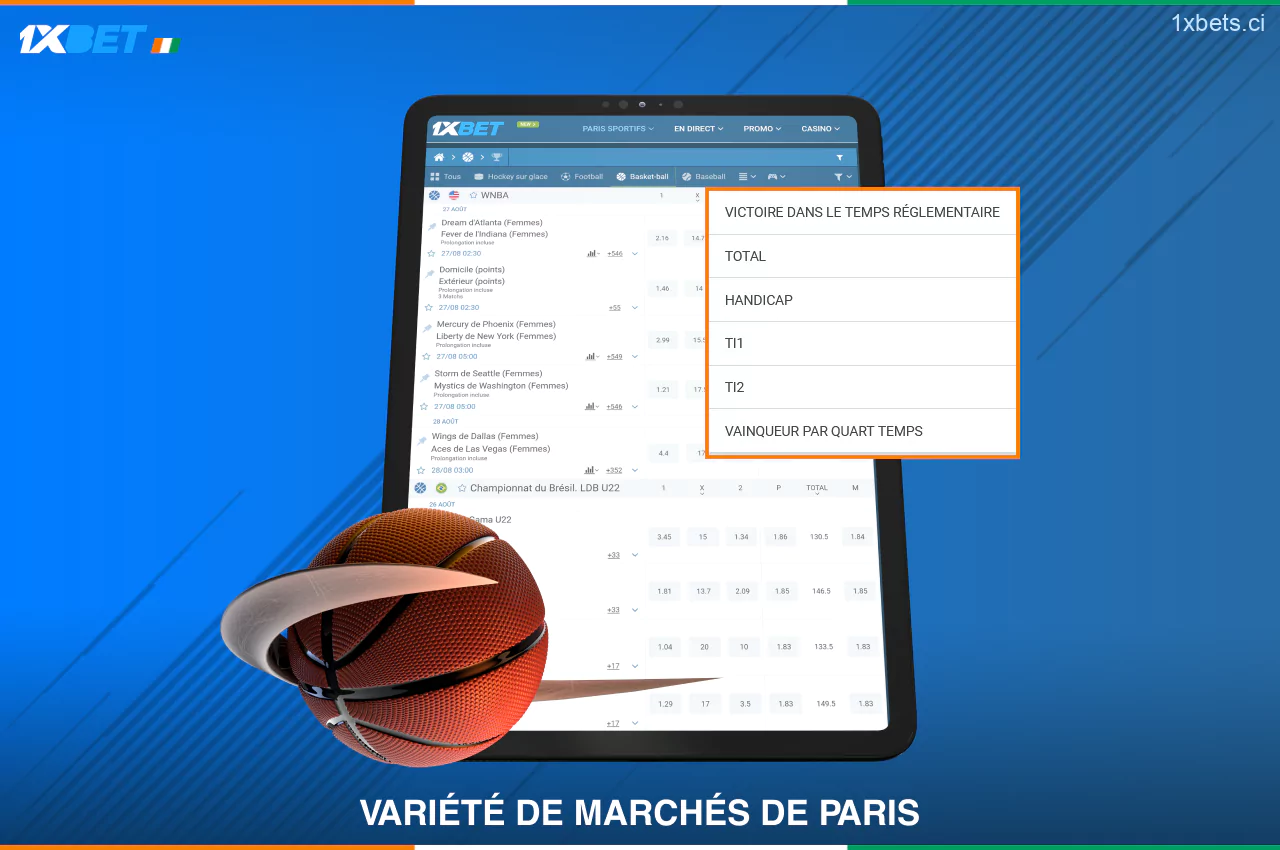 La variété des options du marché des paris de basket-ball 1xBet permet aux joueurs ivoiriens d'utiliser différentes stratégies et de les adapter à leurs préférences individuelles