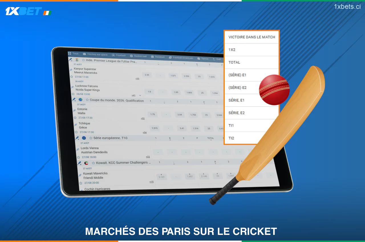 Les parieurs ivoiriens peuvent choisir parmi des dizaines de marchés de 1xBet paris Cricket pour chaque match