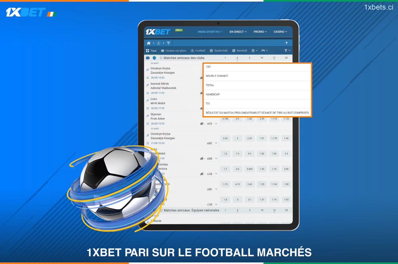 Les joueurs ivoiriens ont accès 24h/24 et 7j/7 à une grande variété de marchés de 1xBet paris sur le Football