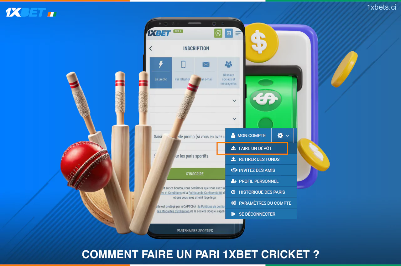 Pour parier sur le cricket chez 1xBet, les joueurs ivoiriens doivent créer un compte et effectuer un dépôt