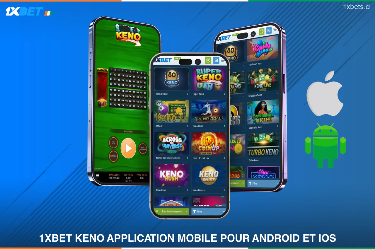 1xBet propose aux joueurs ivoiriens une application mobile pratique pour Android et iOS qui leur permet de jouer au Keno à tout moment et en tout lieu