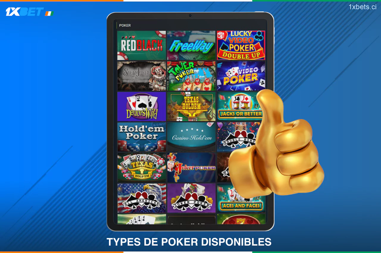 Le site 1xBet Poker en Côte d'Ivoire propose plus de 100 options de jeu pour satisfaire à la fois les amateurs de jeu en solo et ceux qui préfèrent jouer contre d'autres joueurs