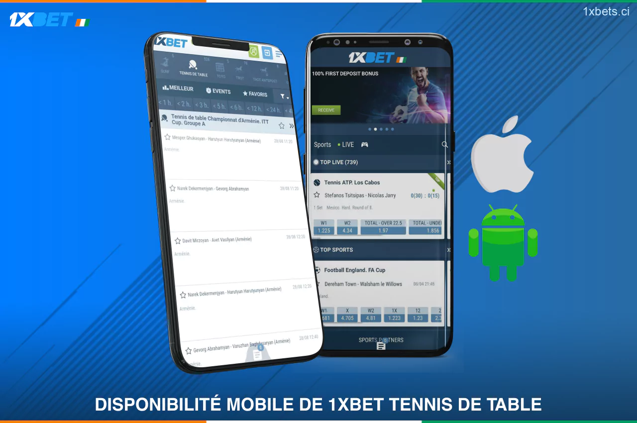 1xBet offre aux utilisateurs ivoiriens des applications mobiles Android et iOS gratuites, leur permettant de parier sur le Tennis de Table à tout moment et en tout lieu