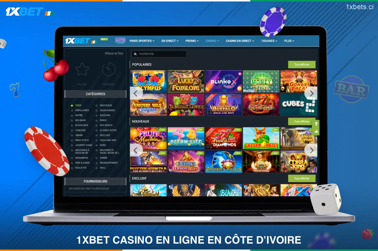 1xBet propose à ses clients ivoiriens un univers de casino avec des centaines de jeux différents et d'autres attractions