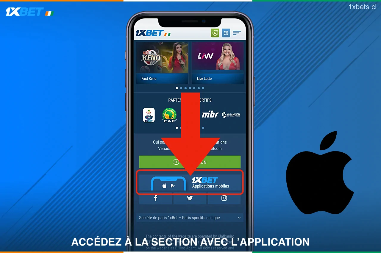 Trouvez la section 1xbet apps, elle est située en bas du site