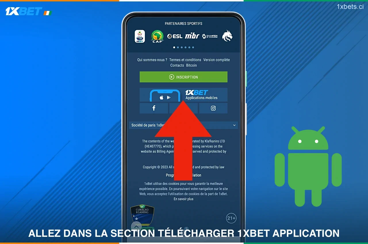 Faites défiler le site officiel de 1xbet jusqu'en bas pour trouver l'icône de l'application