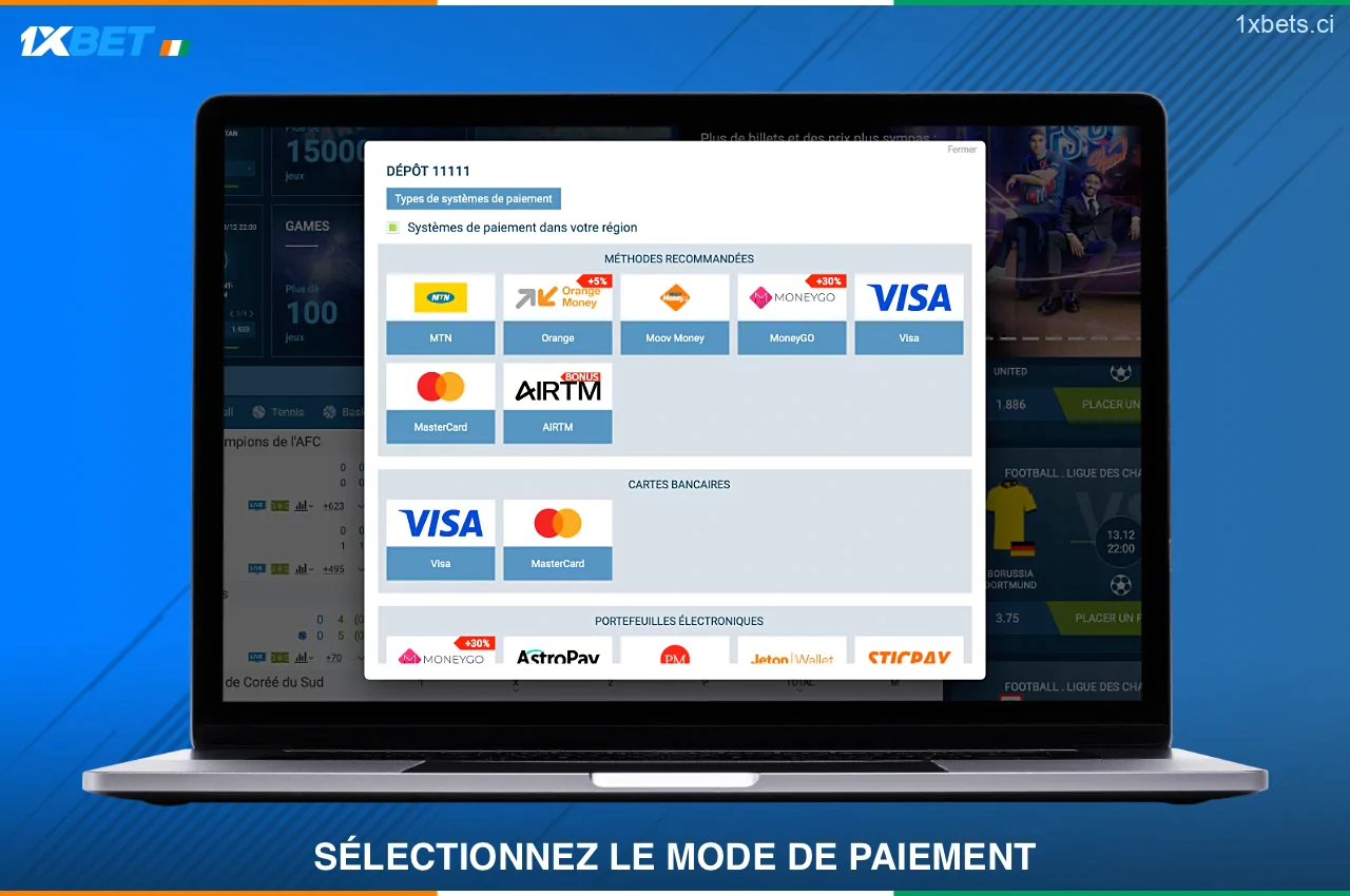 Différentes options de paiement sont disponibles pour effectuer un dépôt sur 1xbet