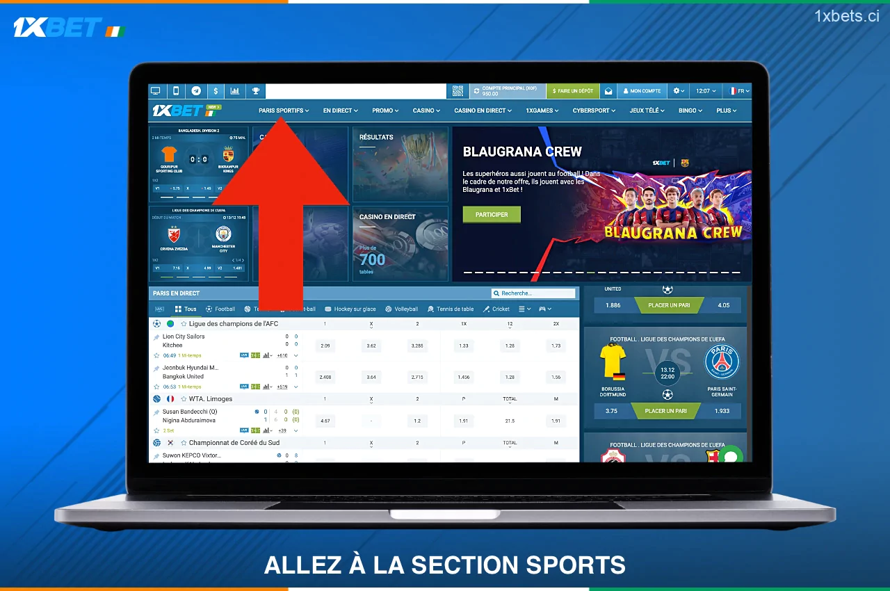 Rendez-vous dans la section sportive de la plateforme 1xbet et sélectionnez l'événement qui vous intéresse