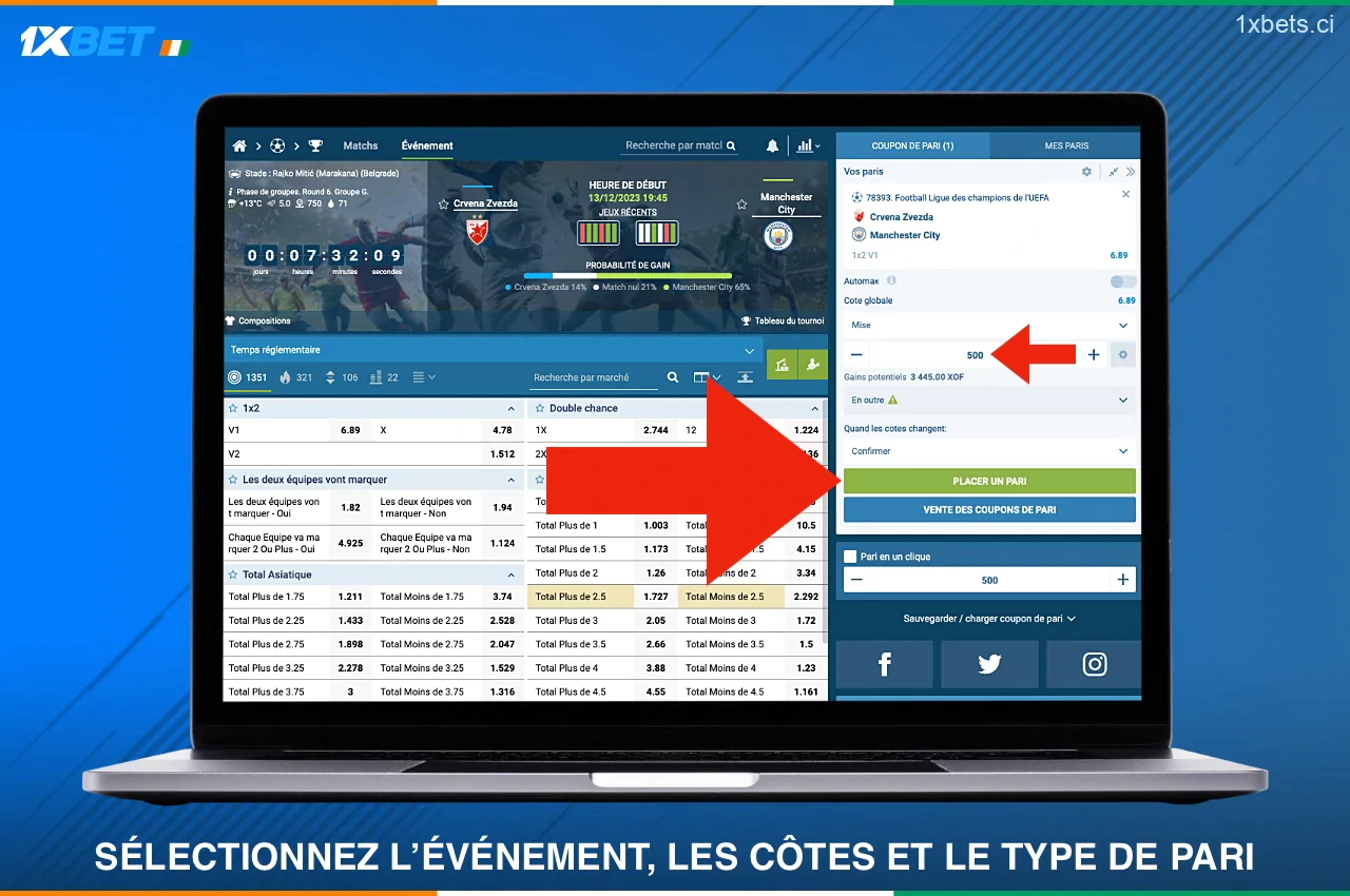 Spécifiez le montant et placez votre pari sur 1xbet