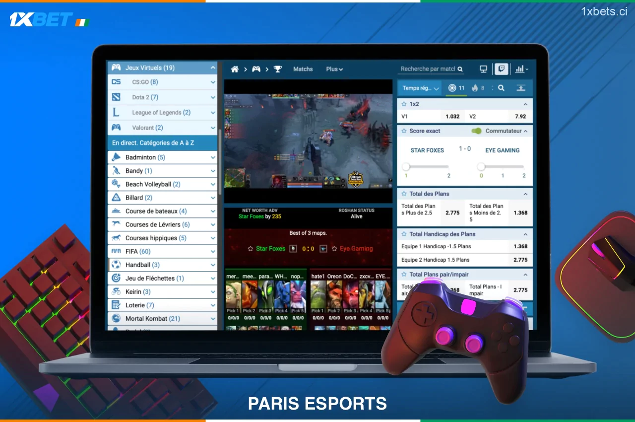 Pour les fans de eSports, 1xBet Côte d'Ivoire dispose d'une section de paris eSports distincte sur sa plateforme