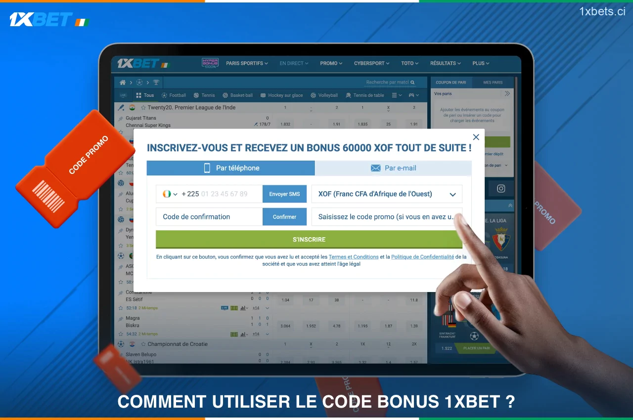 Le code promo 1xBet peut être utilisé par les utilisateurs de Côte d'Ivoire lors de l'enregistrement de leur compte