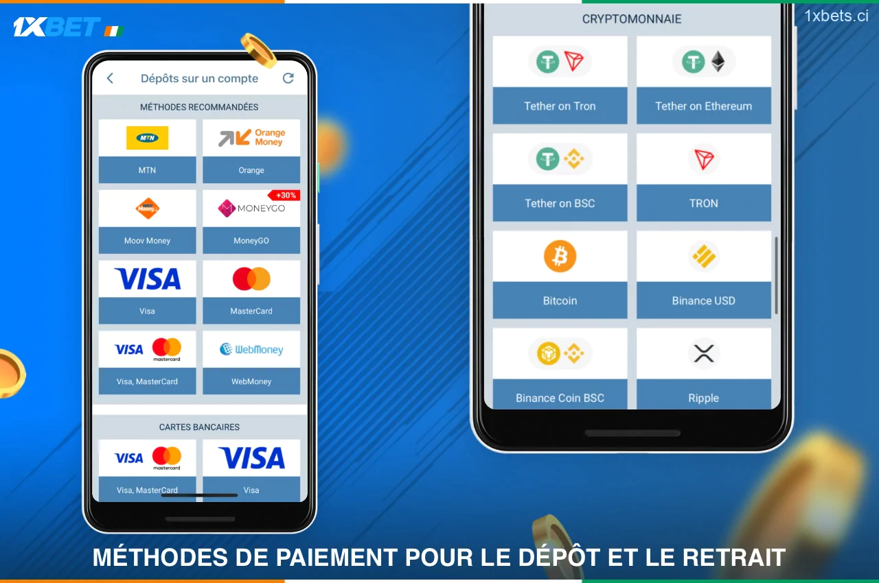 Pour la commodité des utilisateurs de 1xBet Côte d'Ivoire, plusieurs options de paiement sont disponibles sur la plateforme